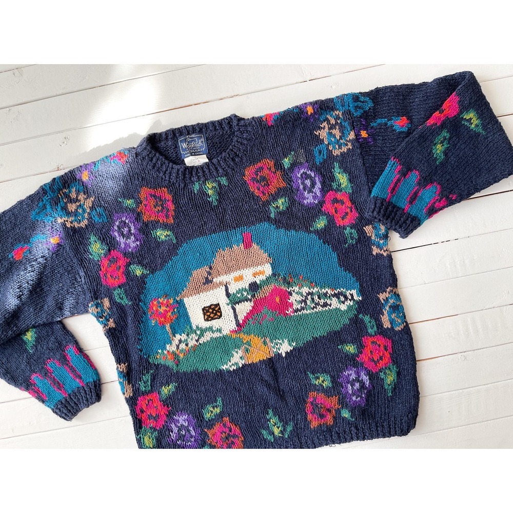 Woolrich vtg country cottage farmhouse navy‎ hand knit cottagecore sweater - Picture 2 of 3